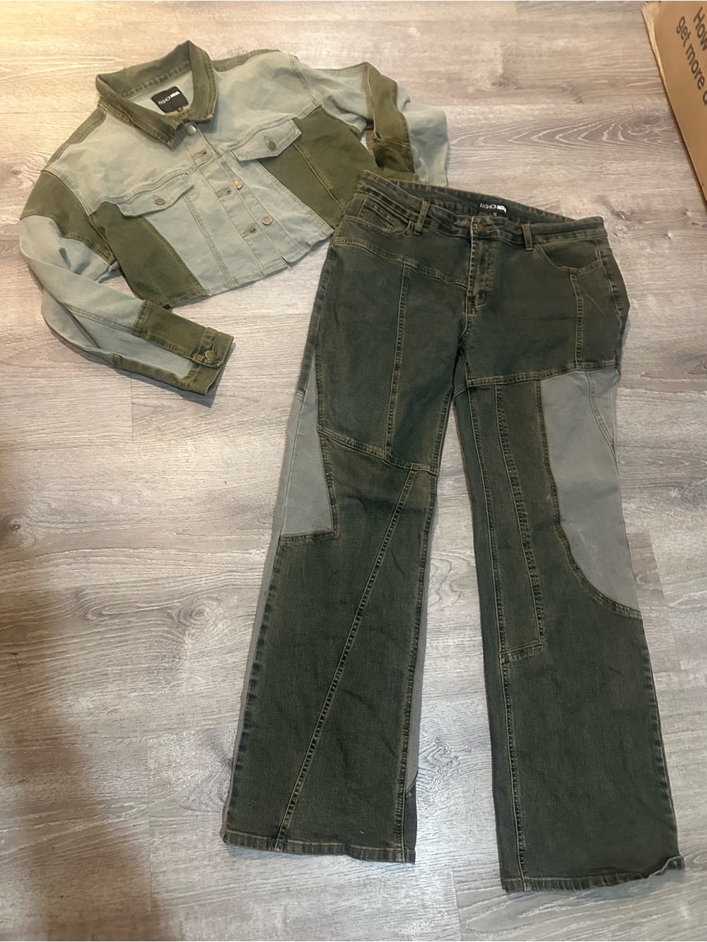Fashion Nova Y2K Two-Tone Olive Green Denim Jacket & Wide Leg Jeans Set Size XL
